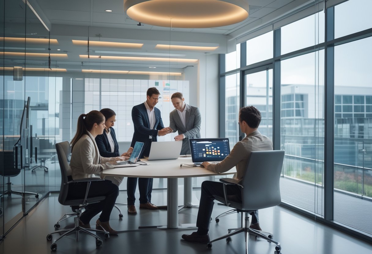 Tim profesional mengatur penggunaan ruang meeting melalui laptop di kantor modern.