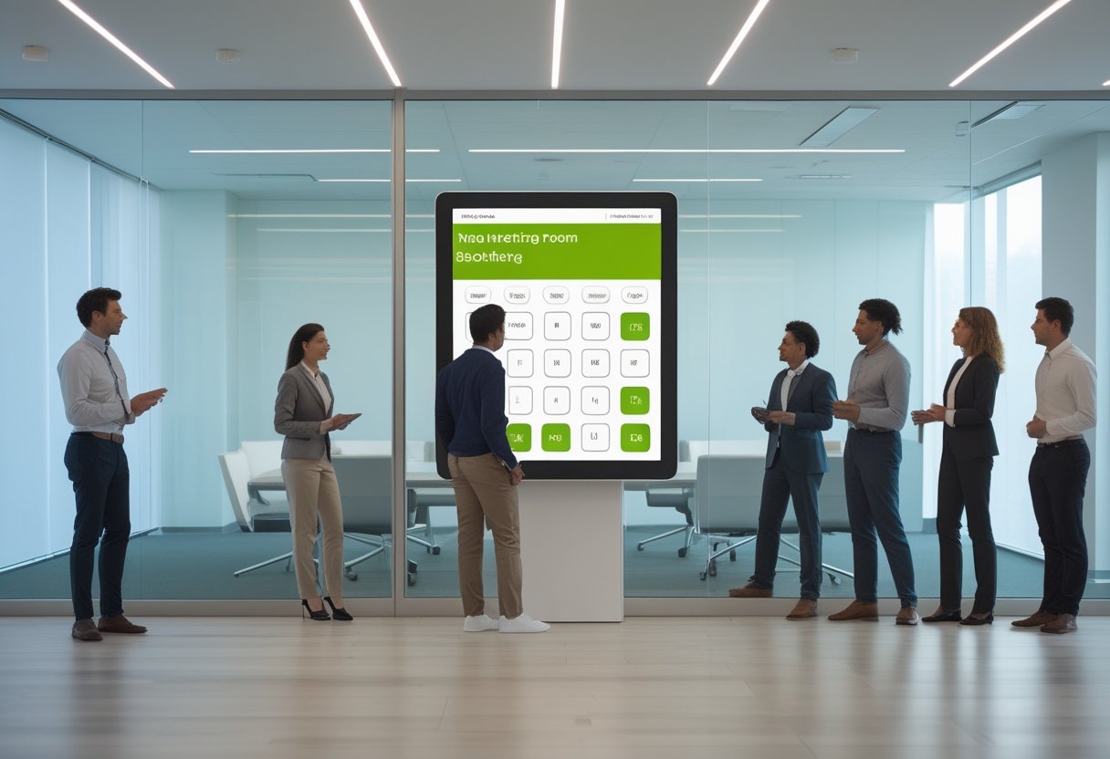 Profesional menggunakan layar digital untuk memesan ruang meeting di kantor modern.