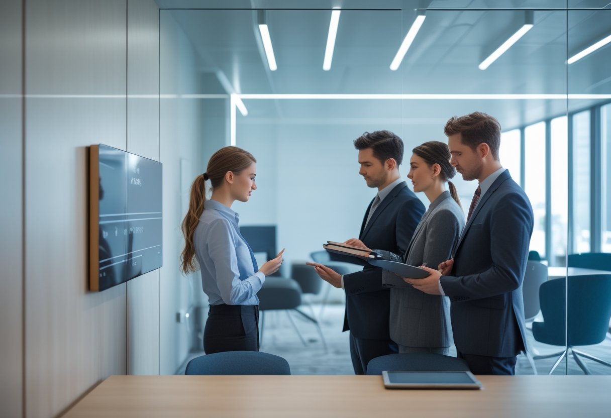 Tim profesional mengatur pemesanan ruang rapat di kantor modern.