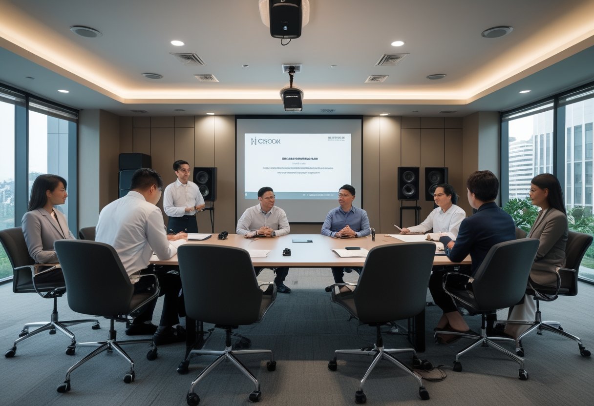 Ruang rapat modern dengan mikrofon, pengeras suara, dan perangkat audio yang tertata untuk presentasi.
