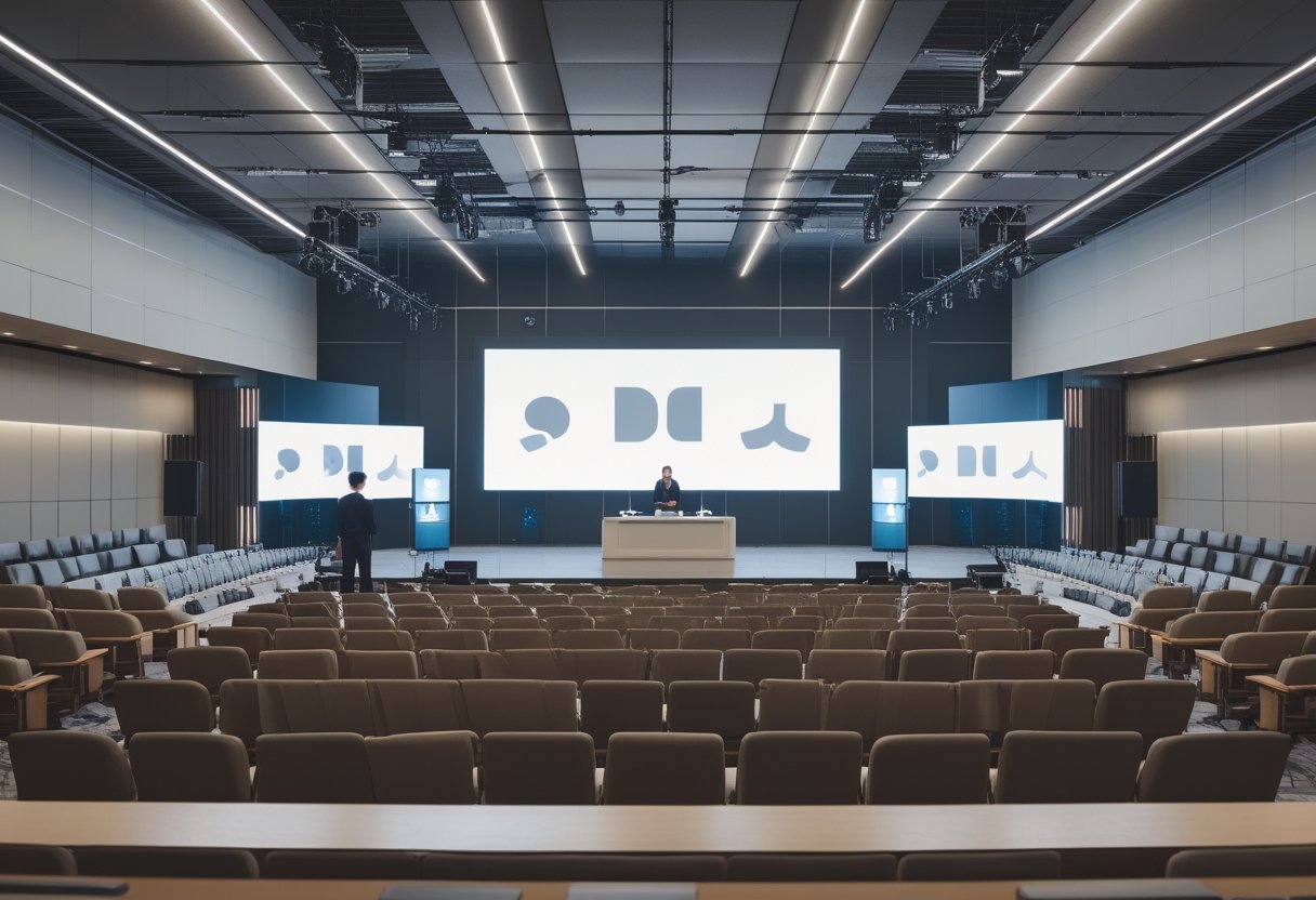 Ruang town hall perusahaan dengan panggung, podium, kursi audiens, dan perangkat sistem audio yang tertata.
