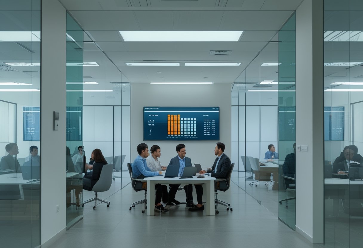 Kantor modern dengan beberapa ruang rapat yang sebagian terisi dan sebagian kosong, menampilkan analitik penggunaan ruang.