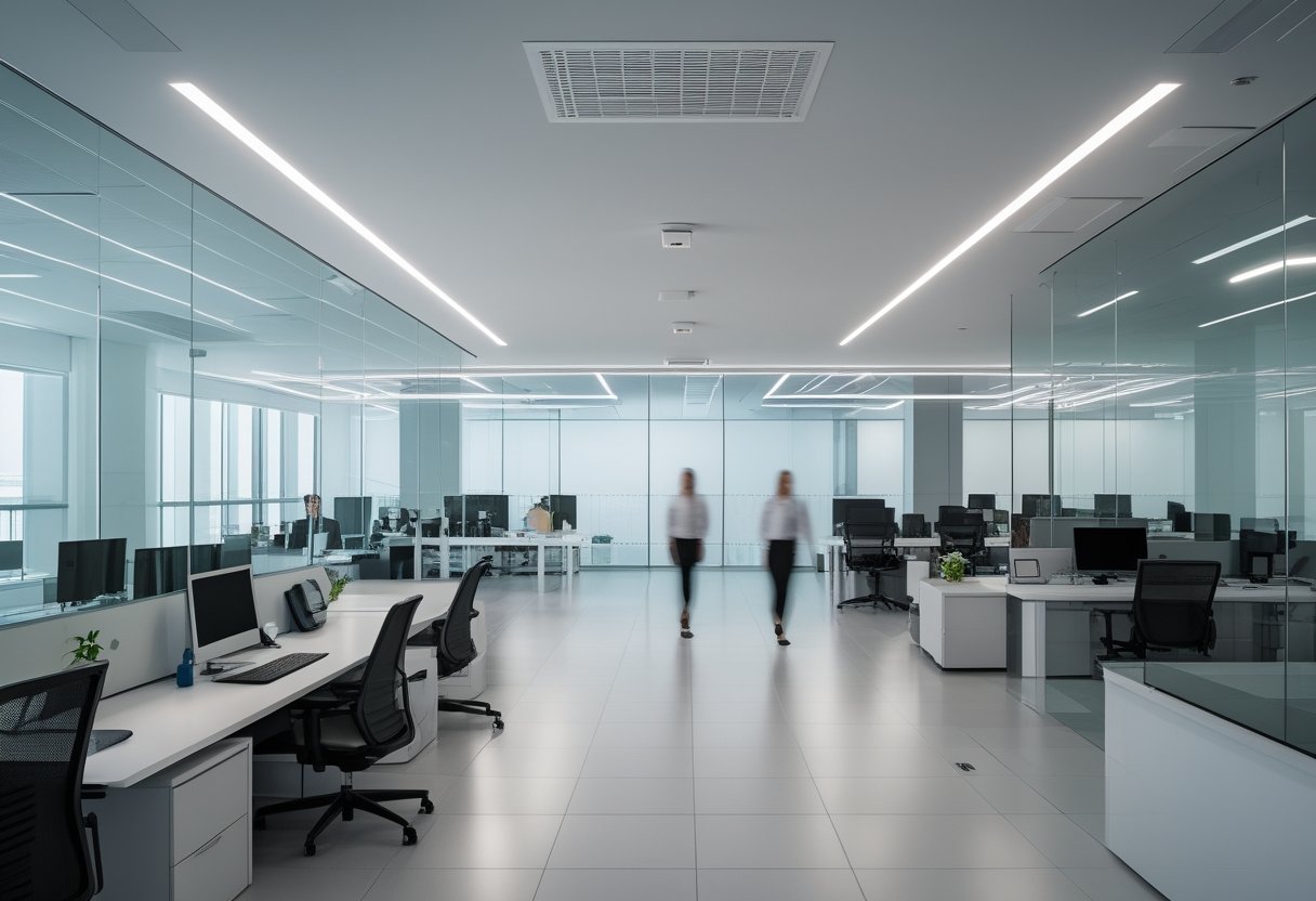 Ruang kantor modern dengan sensor gerak di plafon dan lampu LED yang menerangi area kerja.