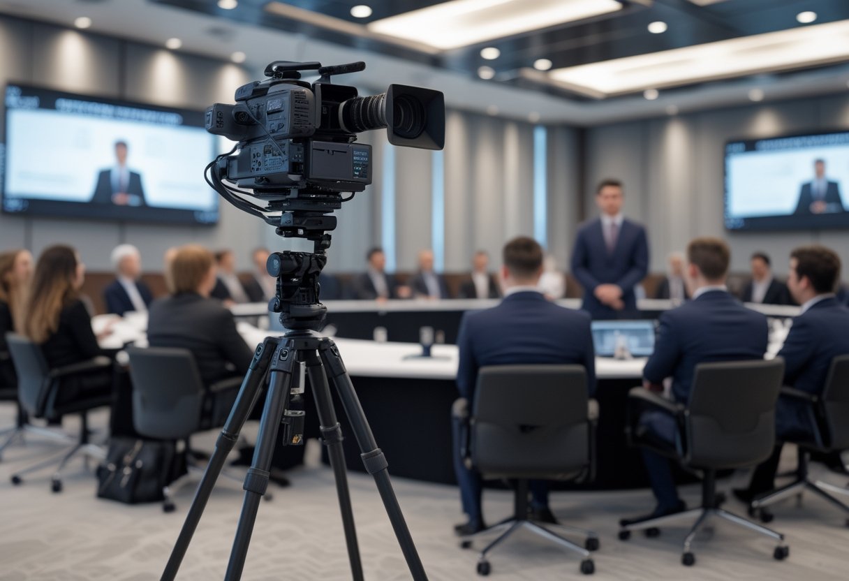 Kamera konferensi video merekam panel profesional dalam acara hybrid di ruang konferensi modern, dengan teknisi memantau peralatan.