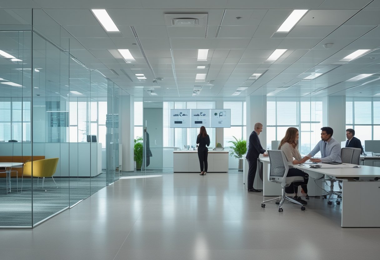 Interior gedung kantor pintar dengan area kerja terbuka, sensor, layar digital, dan sistem otomasi yang terintegrasi.