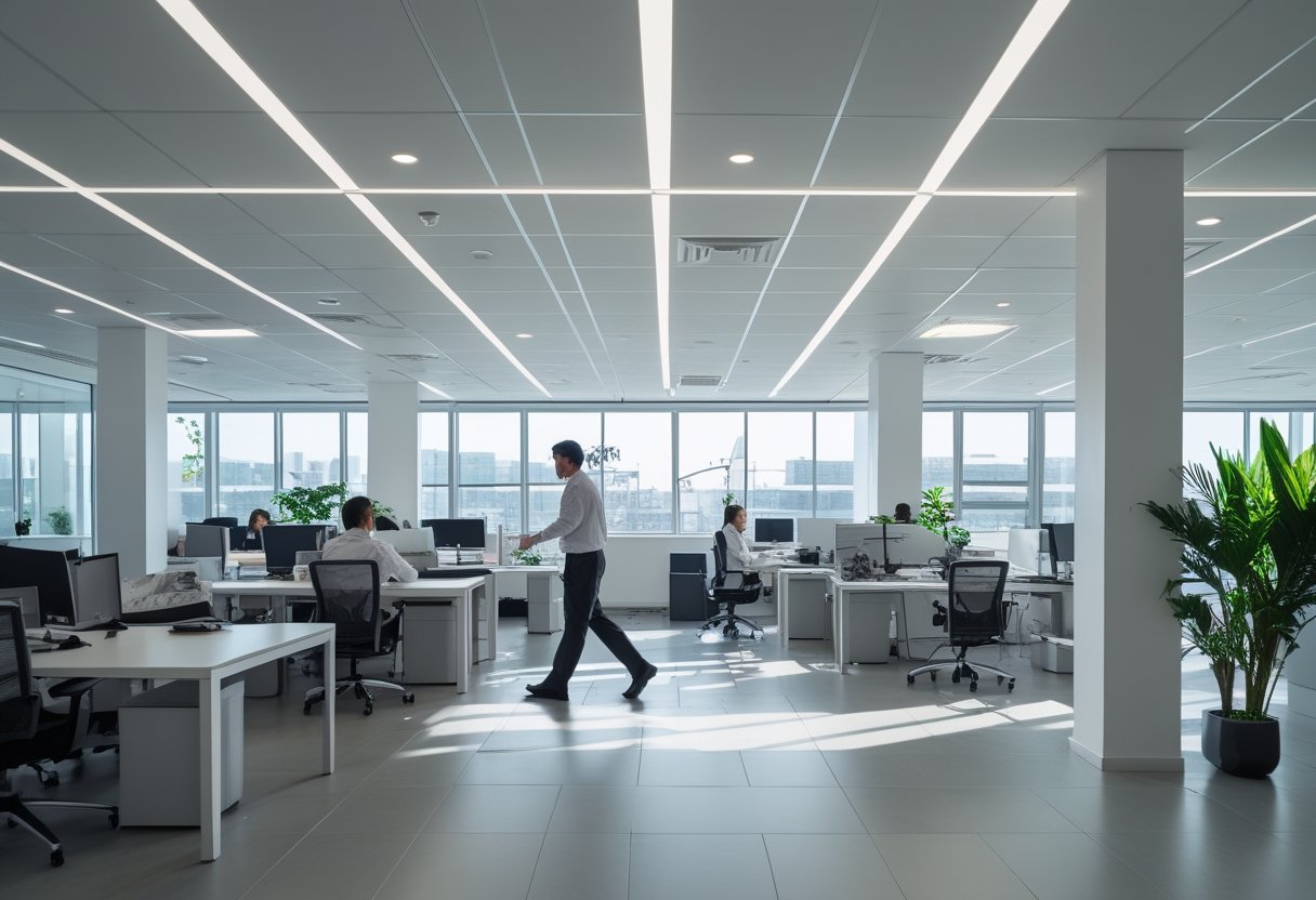 Kantor modern dengan karyawan bekerja di bawah pencahayaan otomatis berbasis sensor gerak.