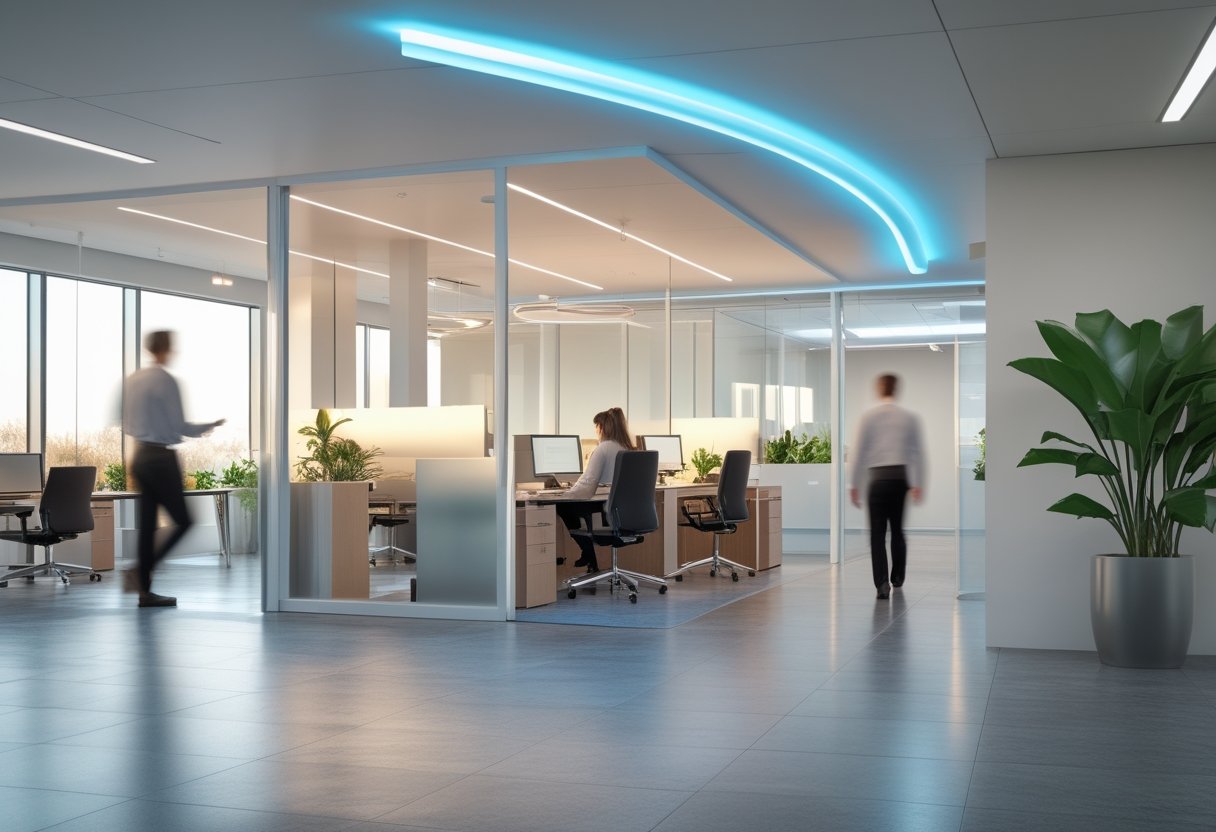 Kantor modern dengan lampu LED dan sensor gerak yang menerangi area kerja saat karyawan beraktivitas.
