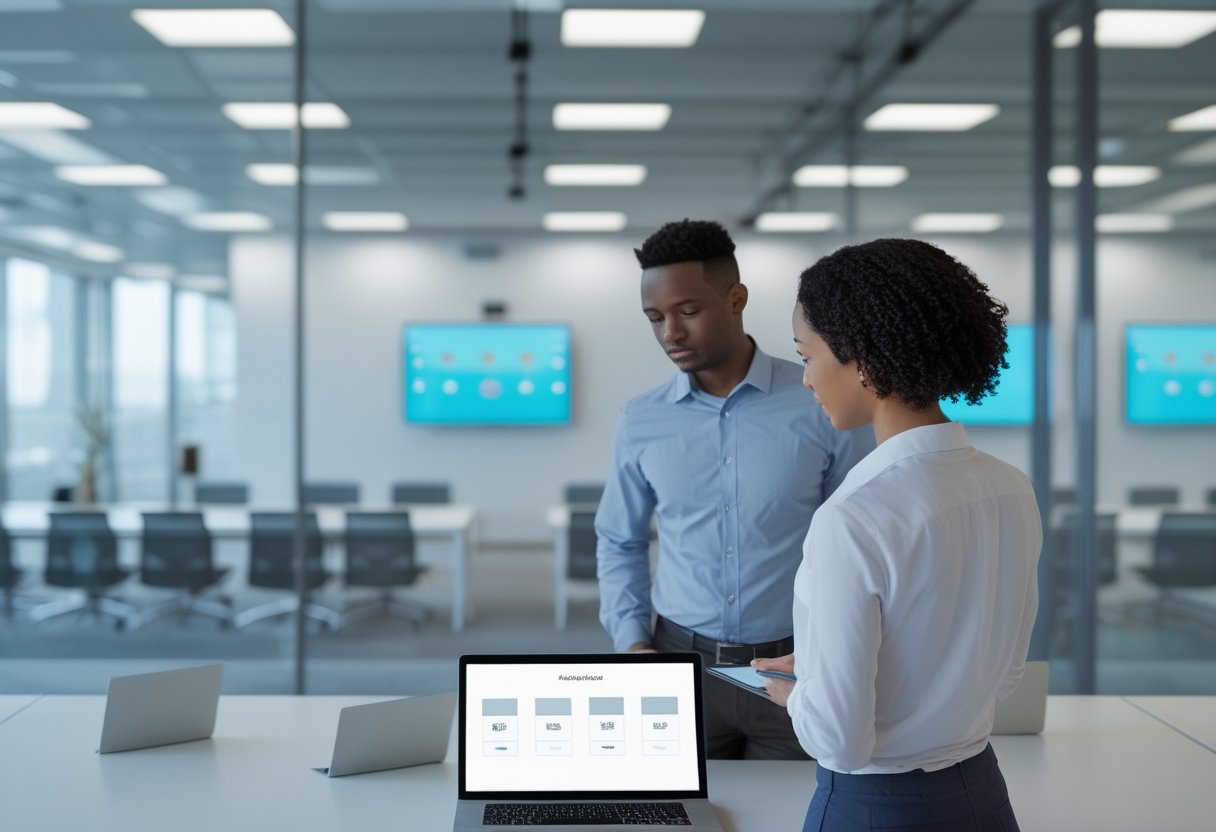 Profesional kantor meninjau pengelolaan beberapa ruang meeting modern dengan perangkat konferensi video.