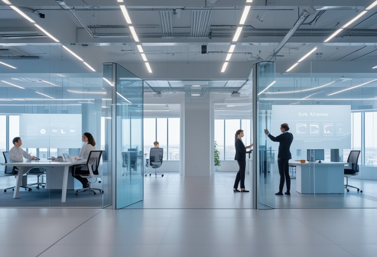 Kantor modern dengan pekerja, perangkat konferensi, sensor, jaringan IT, dan sistem otomasi yang terintegrasi.