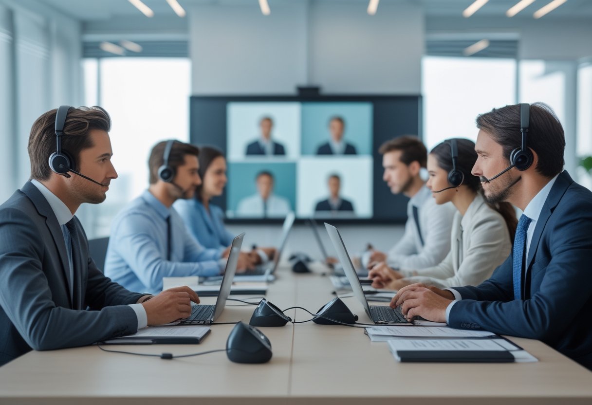 Tim profesional membandingkan konferensi audio dan video di ruang kantor modern.