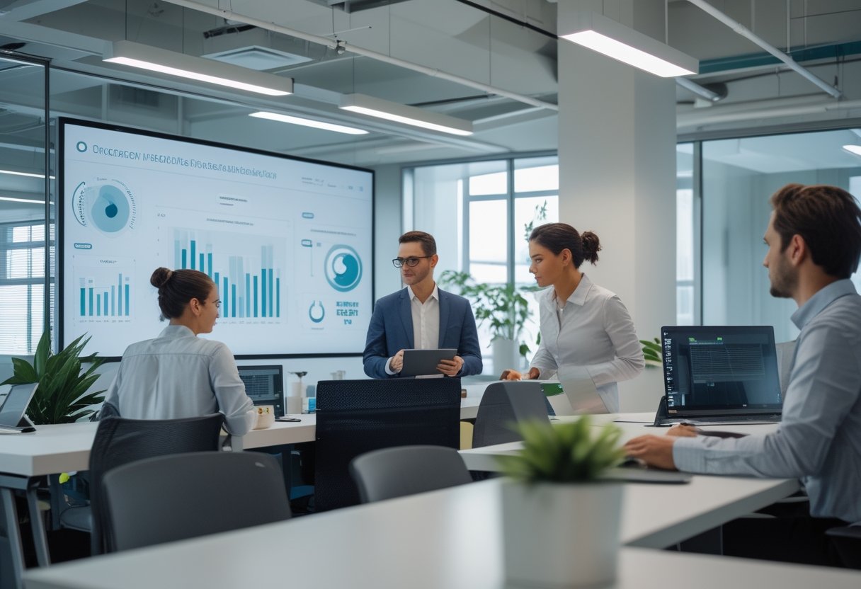 Tim profesional menganalisis data penggunaan ruang di kantor modern dengan laptop dan tablet.