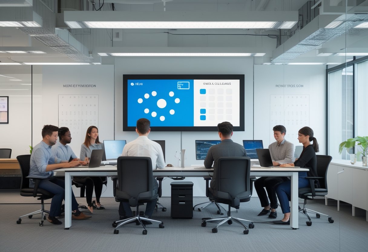 Tim beragam bekerja secara hybrid di kantor modern dengan laptop, ruang rapat, dan perangkat konferensi video.