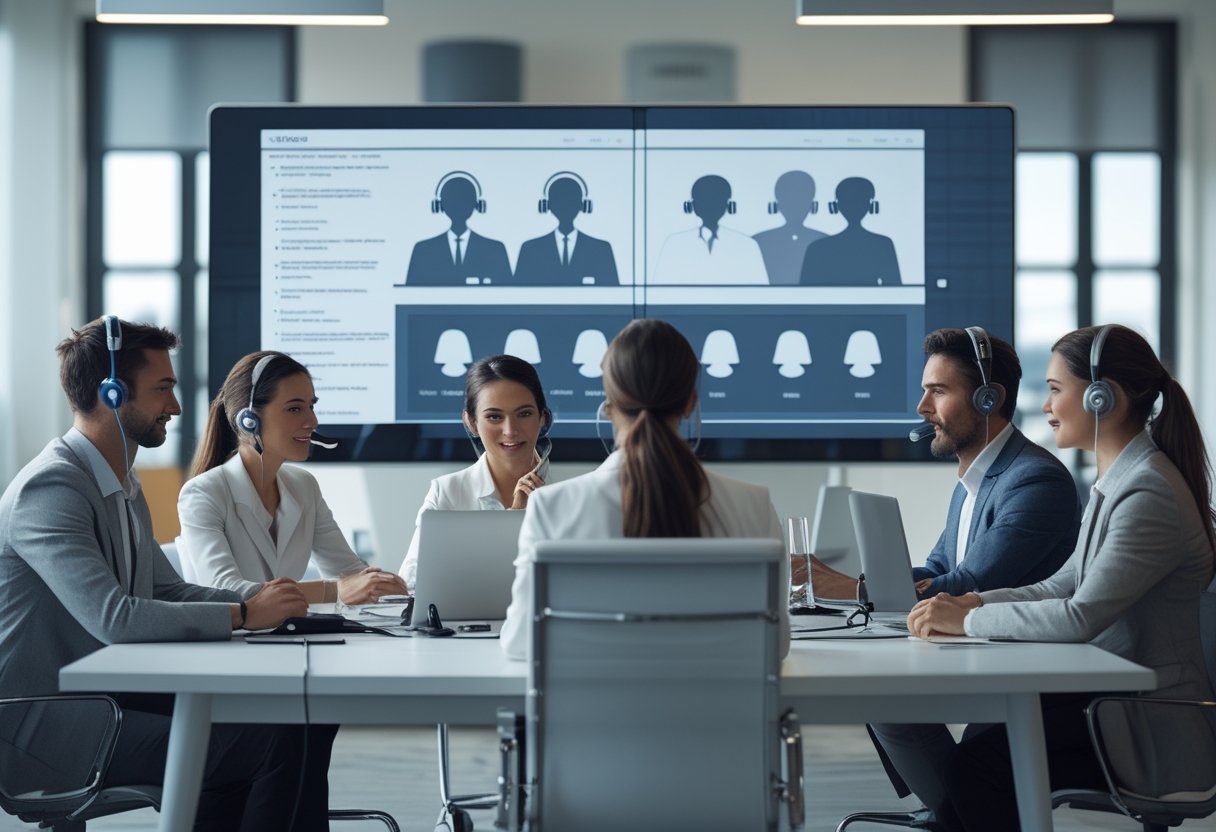Tim profesional berdiskusi dalam rapat dengan laptop, headset, dan layar konferensi video.