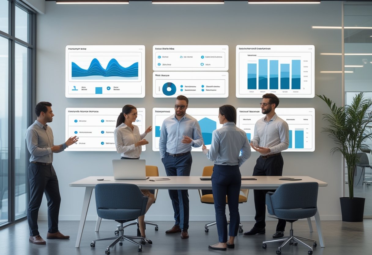 Tim kantor berdiskusi sambil meninjau data penggunaan ruang kerja dan pemesanan ruangan di kantor modern.