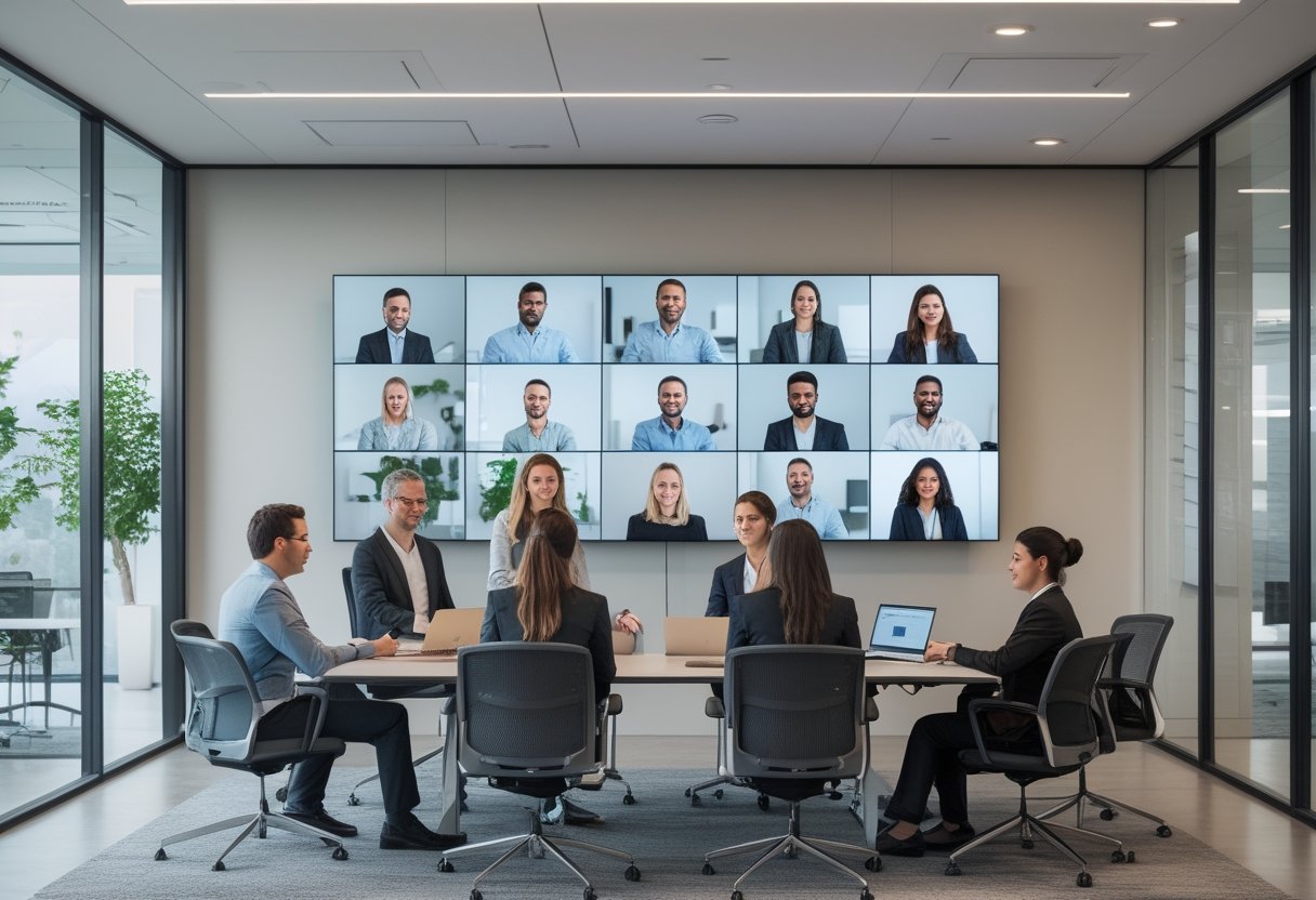 Tim perusahaan bekerja bersama di kantor modern sambil terhubung dengan rekan kerja jarak jauh melalui konferensi video.