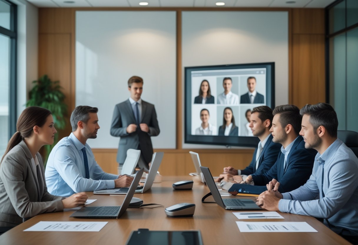 Tim profesional membandingkan rapat audio dan video dalam ruang rapat modern.