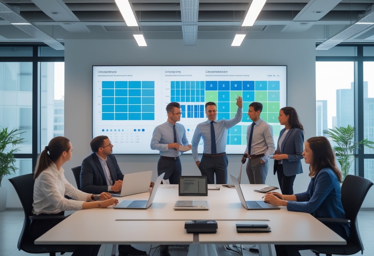 Para profesional menganalisis data penggunaan ruang kerja di kantor modern.