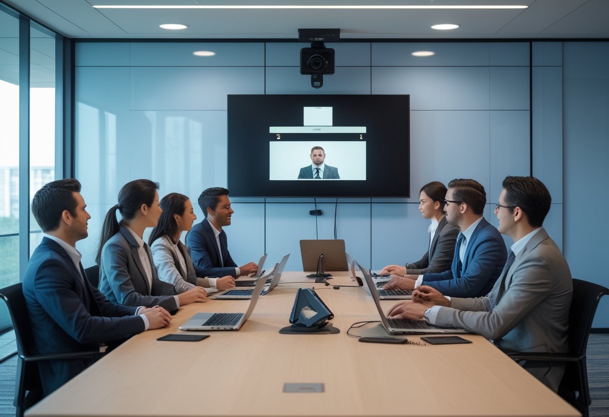 Tim profesional berdiskusi di ruang rapat modern dengan perangkat konferensi video dan satu peserta jarak jauh di layar.