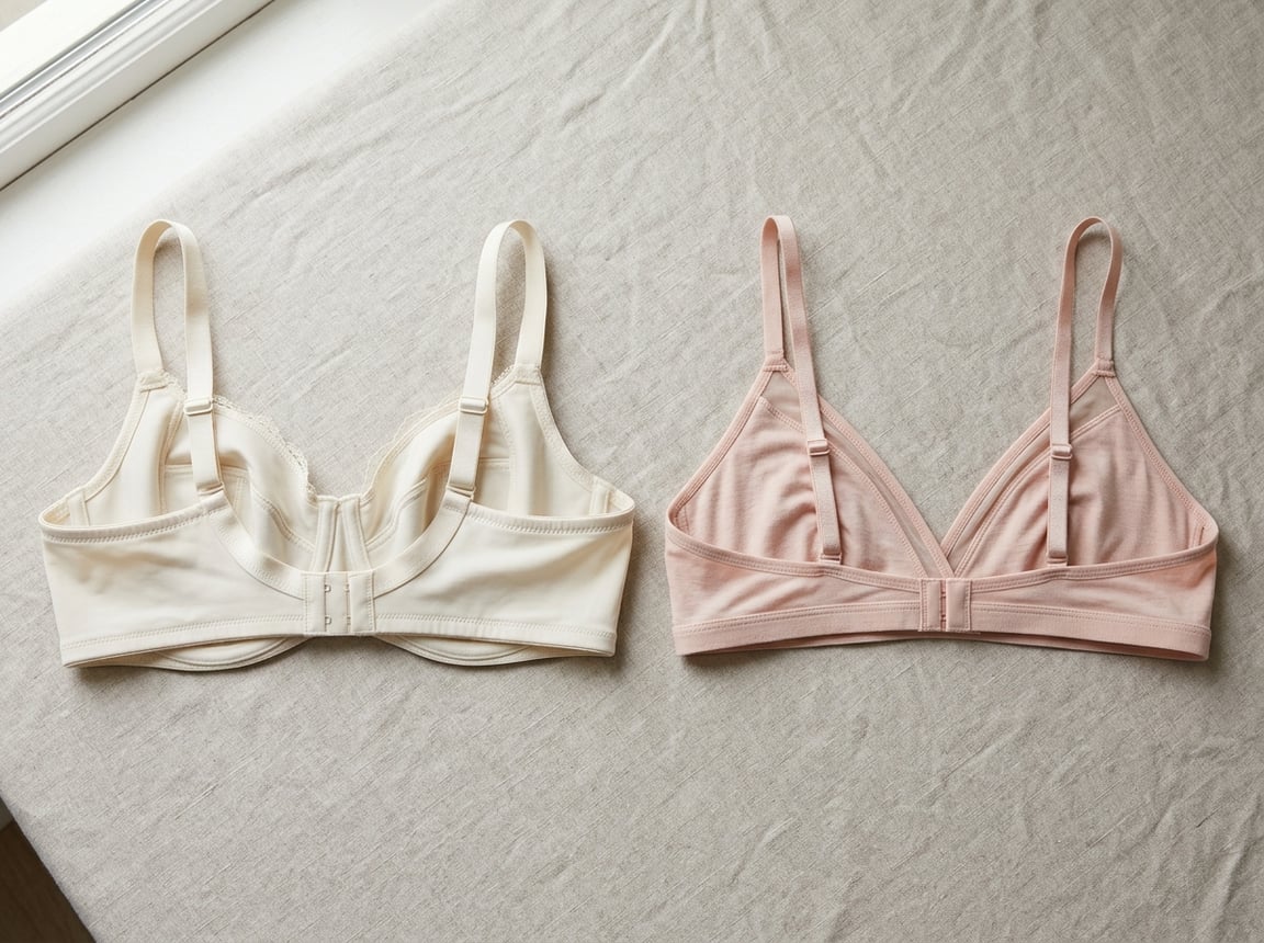 A structured bra and a lightweight bralette arranged side by side on a neutral surface.
