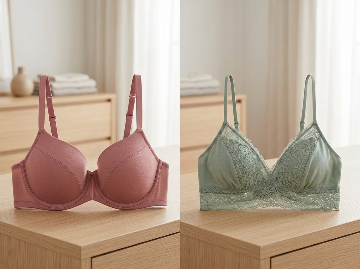 A structured bra and a soft bralette displayed side by side on a neutral surface.