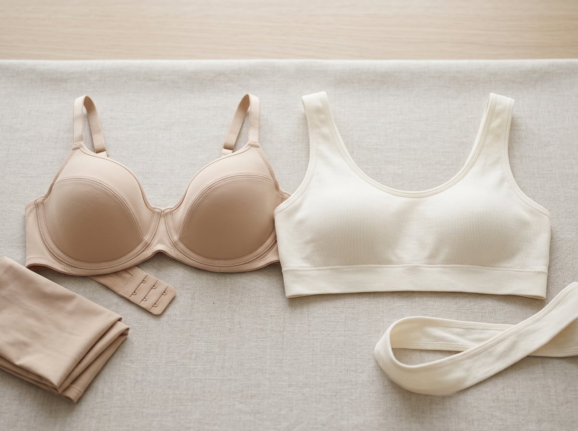 A structured bra and a soft bralette arranged side by side on a neutral surface.