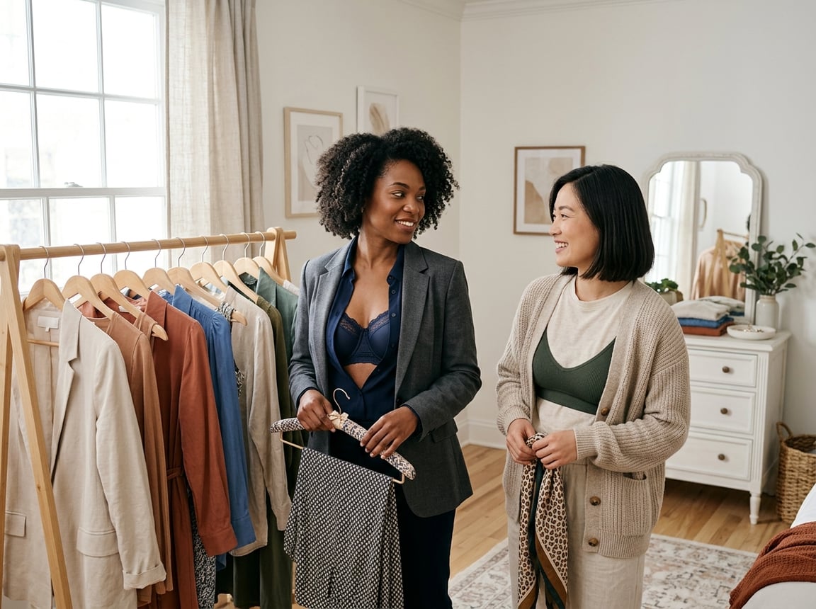 Two women choose outfits in a bright, neatly arranged dressing area.