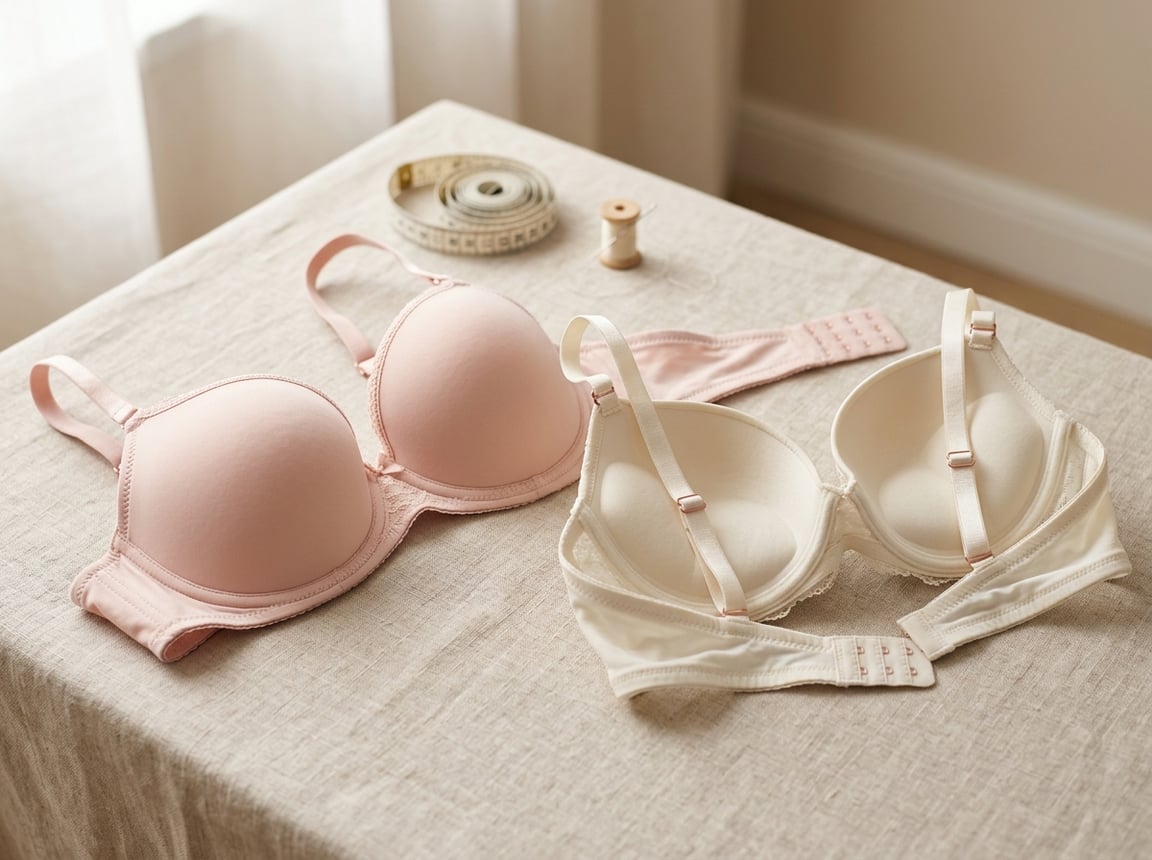 Two different bras displayed side by side on a neutral surface.