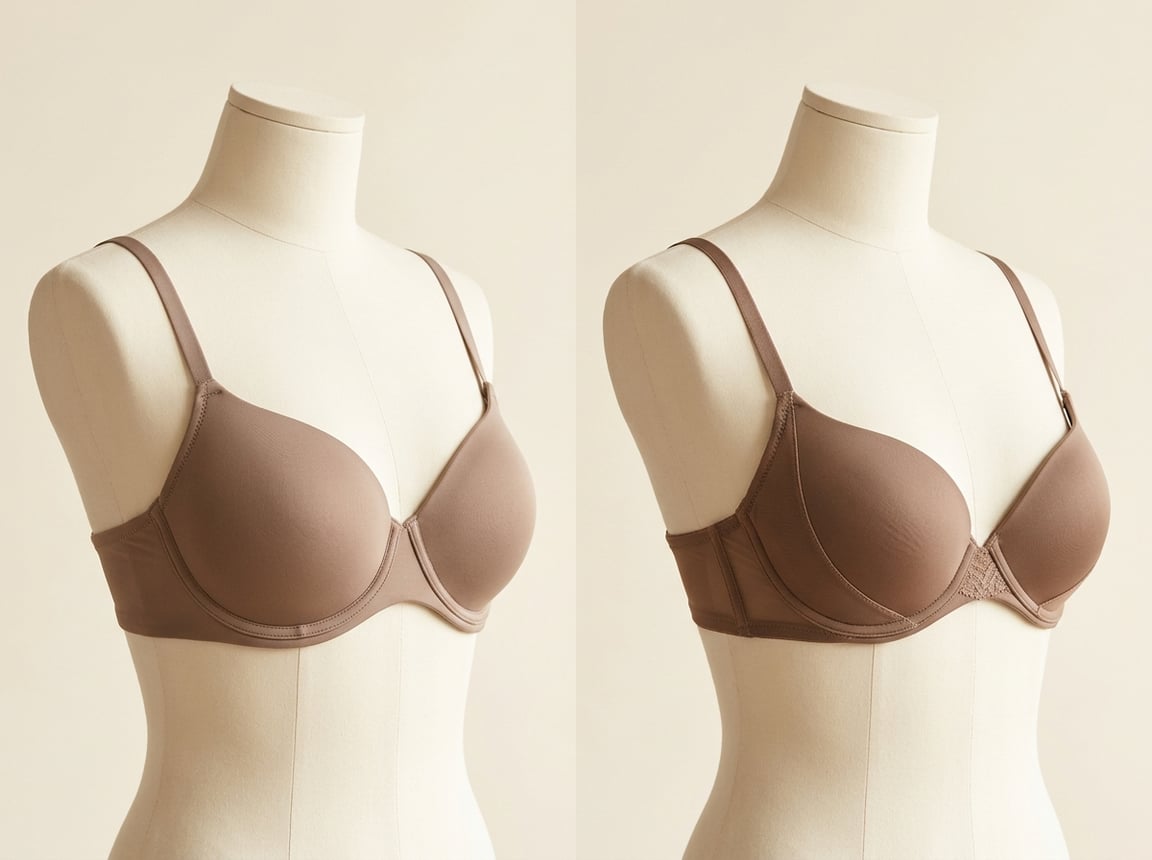 Two neutral-toned bras displayed side by side on mannequin torsos, showing different padding and lift structures.