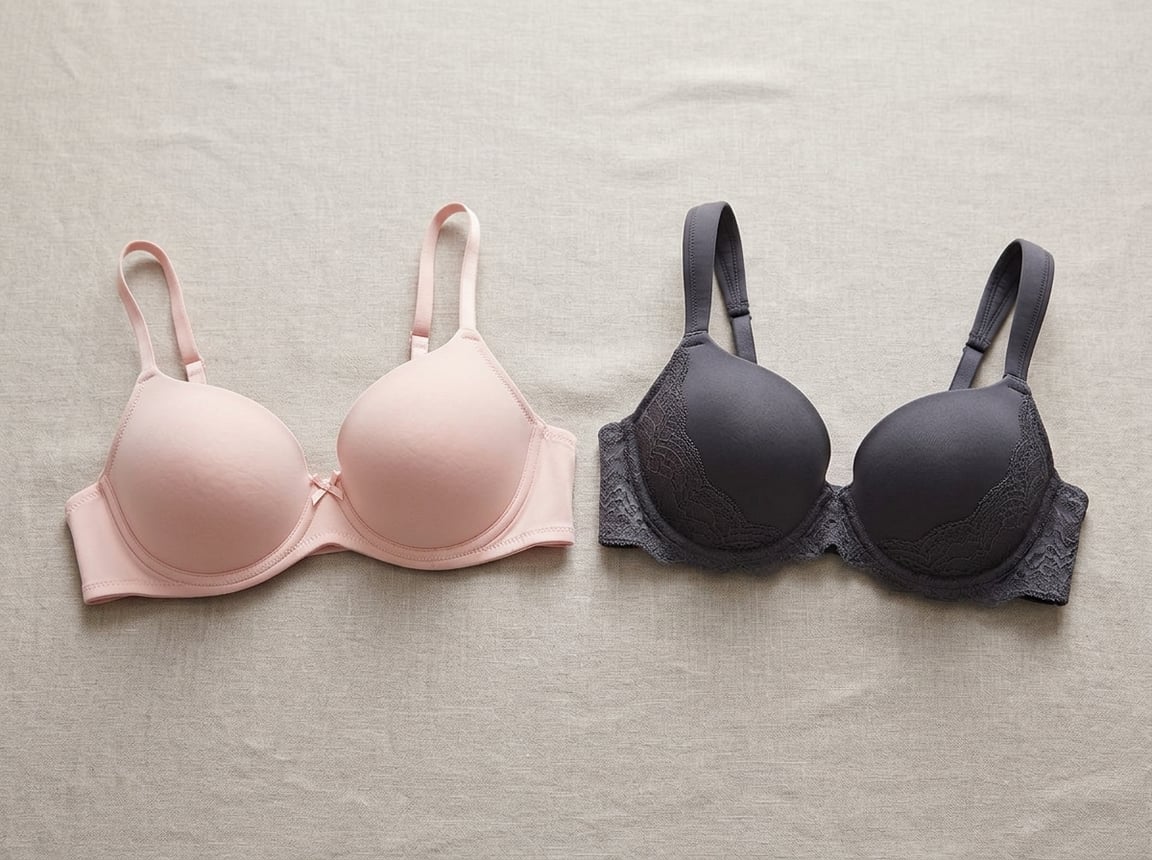 Two different bras arranged side by side, showing contrasting cup shapes and support structures.