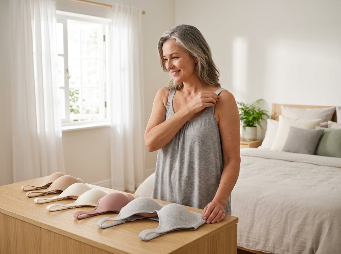 A middle-aged woman chooses comfortable breathable bras in a bright bedroom.
