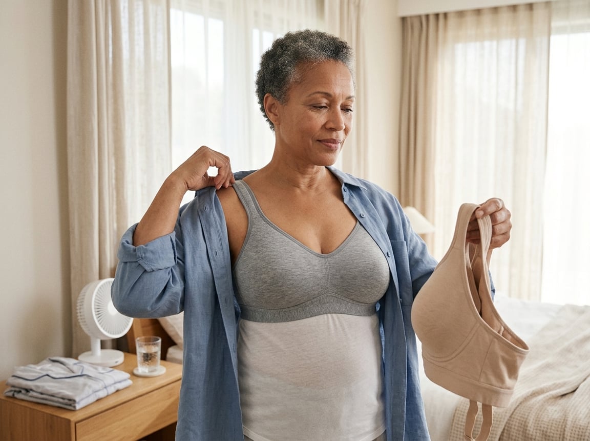 A middle-aged woman adjusts a comfortable bra in a bright bedroom while a fan and glass of water sit nearby.