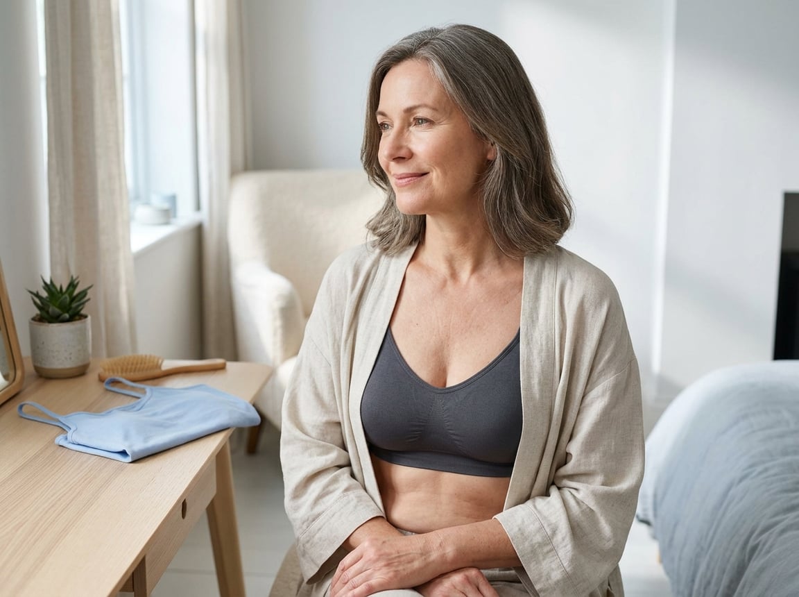 Mature woman in a bright bedroom wearing a comfortable bra and lightweight robe, appearing cool and relaxed.