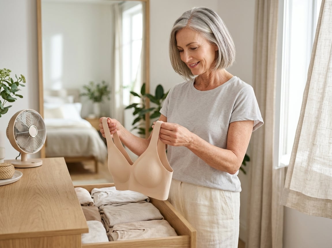 A mature woman chooses a comfortable wire-free bra in a bright dressing area.