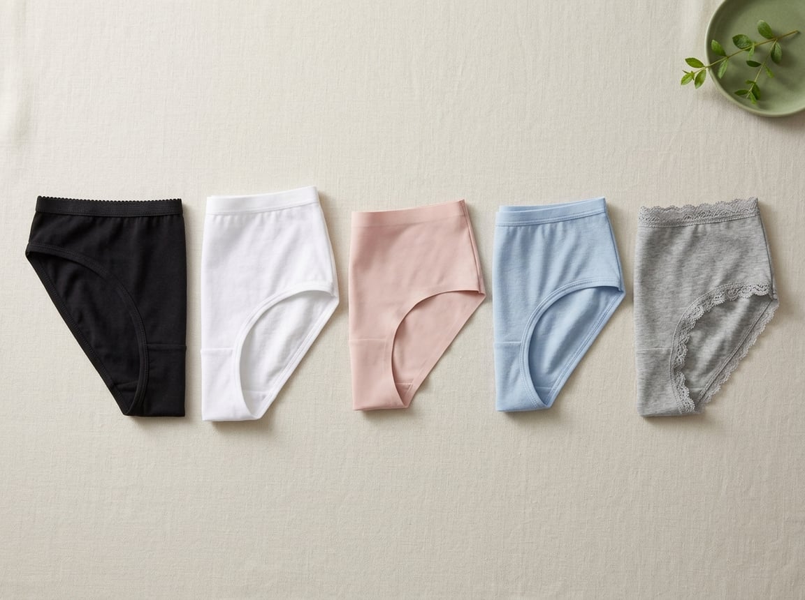 Five pairs of women's underwear arranged neatly on a neutral surface.