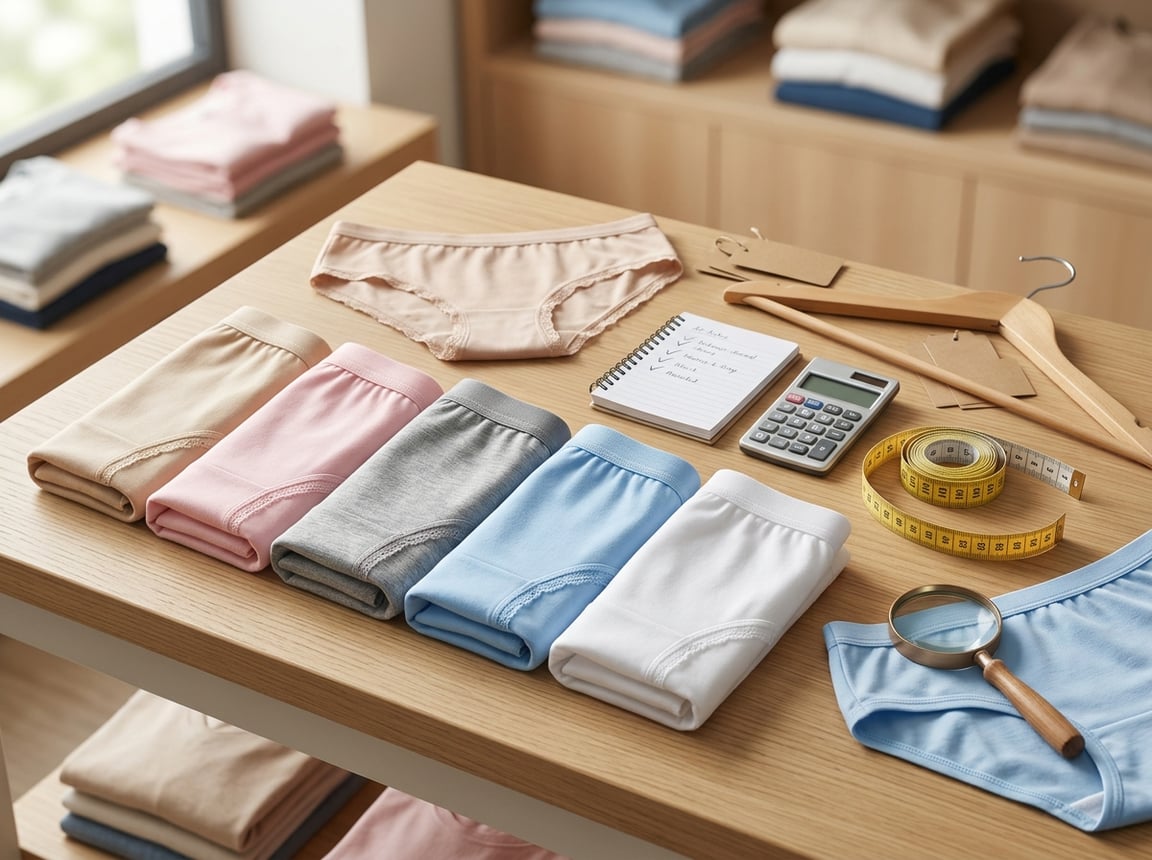 Five neatly folded pairs of women's panties arranged with a calculator, notebook, and measuring tape on a clean surface.