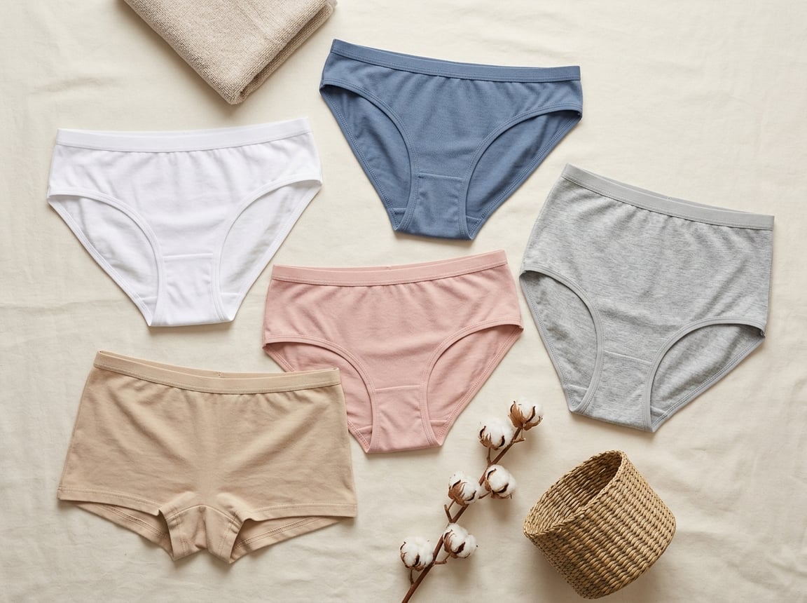 Five pairs of women's underwear arranged on a neutral surface with soft household accents.