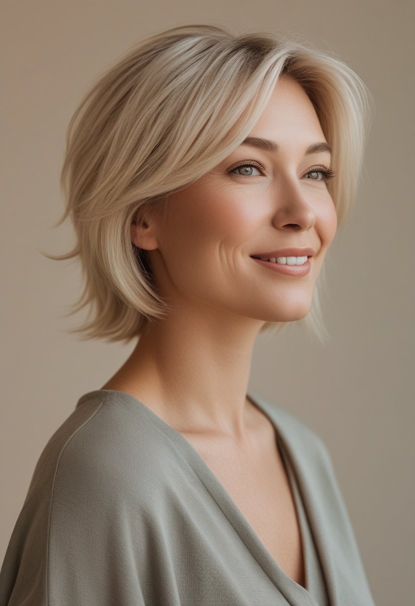 A smiling woman with a modern layered haircut posing against a neutral background.