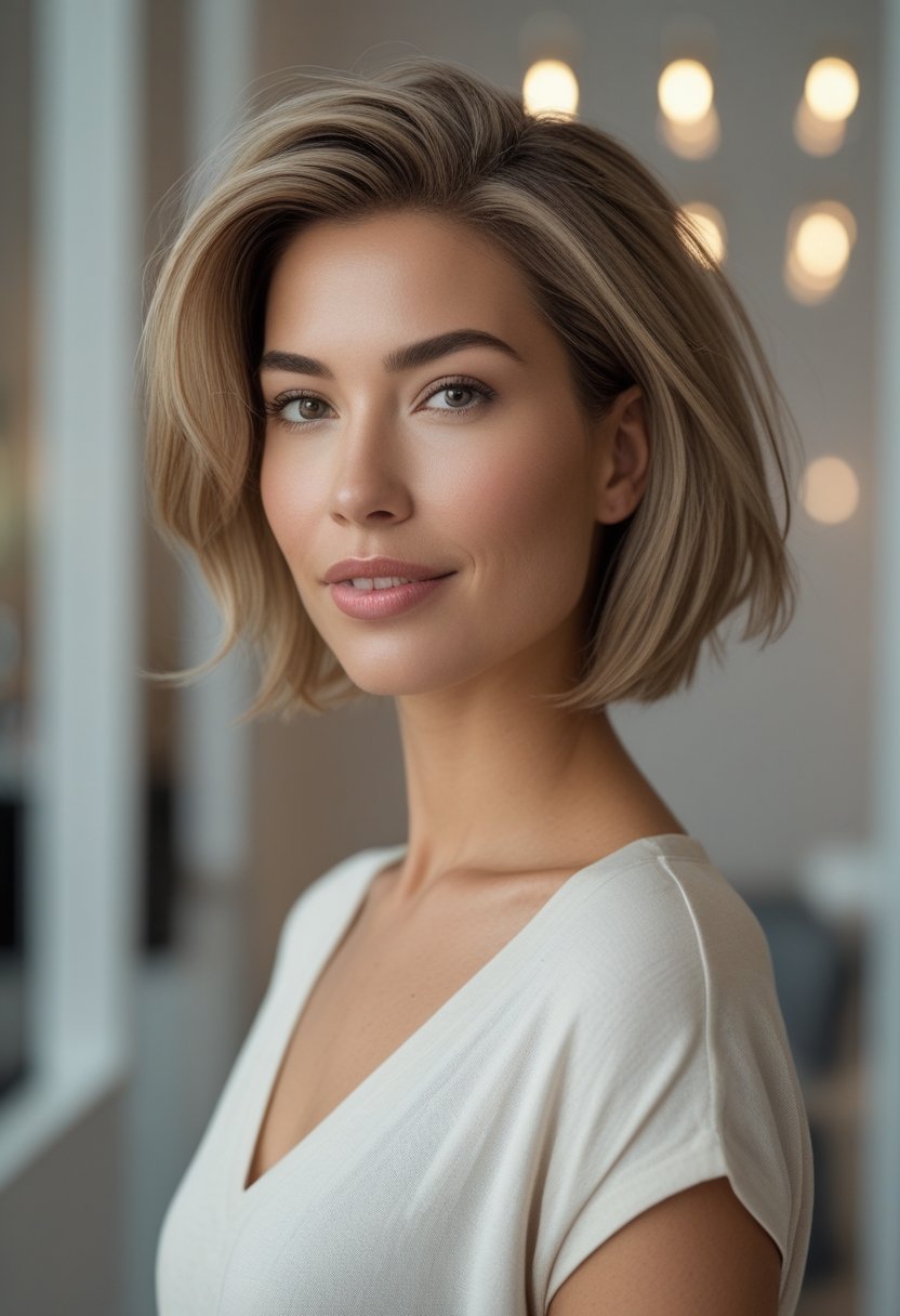A woman with a round face wears a modern layered haircut in a softly lit salon.