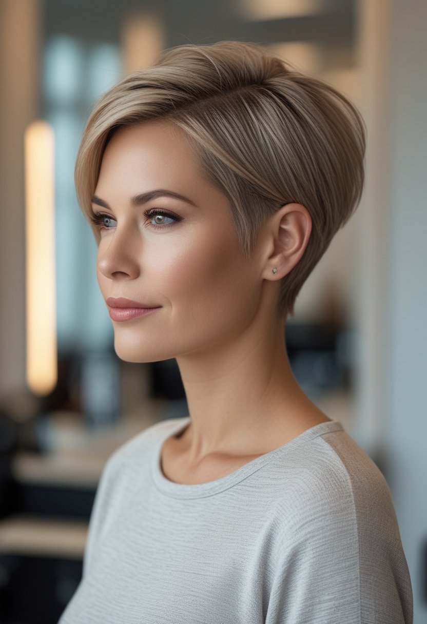 Woman with a textured short haircut featuring lifted crown volume and side-swept fringe.