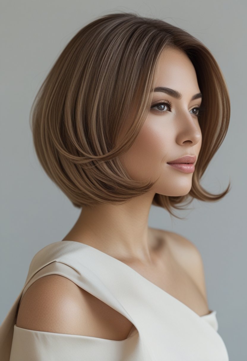 Woman with a modern shoulder-length asymmetrical lob haircut and face-framing layers.