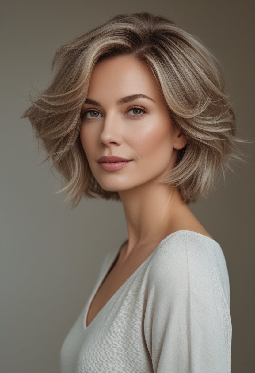 Woman with a shoulder-length layered shag haircut posing against a neutral background.