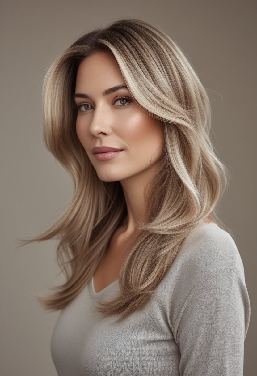A woman with long layered hair poses against a plain light background.
