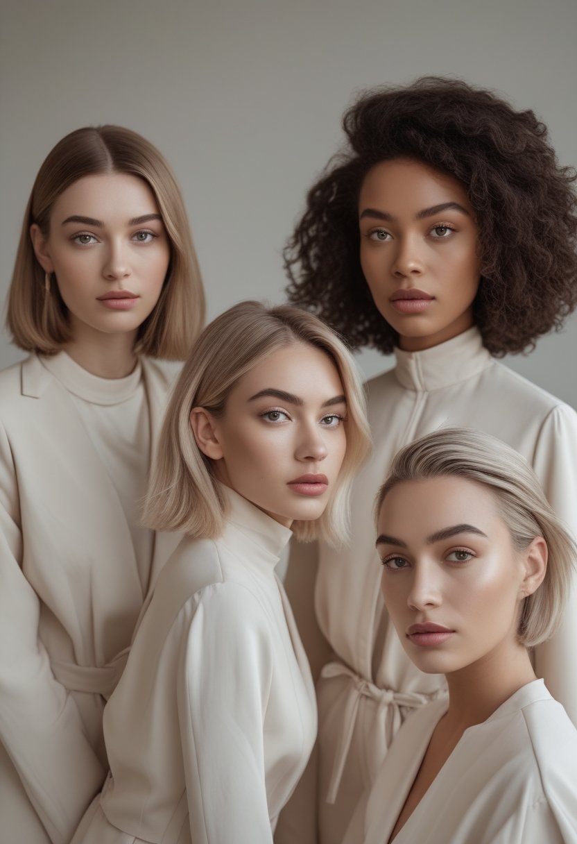 Three women with round faces show modern haircuts suited to straight, wavy, and curly hair textures.