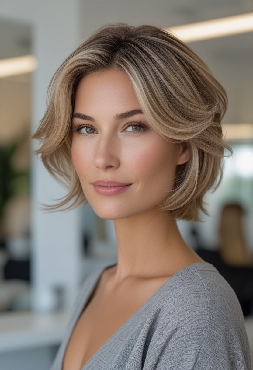 Woman with a layered medium-length haircut and softly highlighted hair posing in a bright salon.
