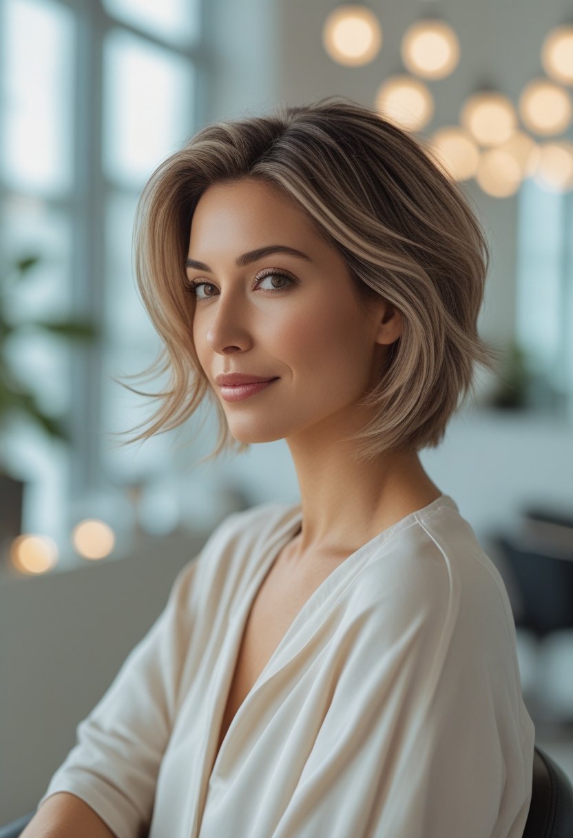 A confident woman with a modern layered shoulder-length haircut poses in a bright hair salon.