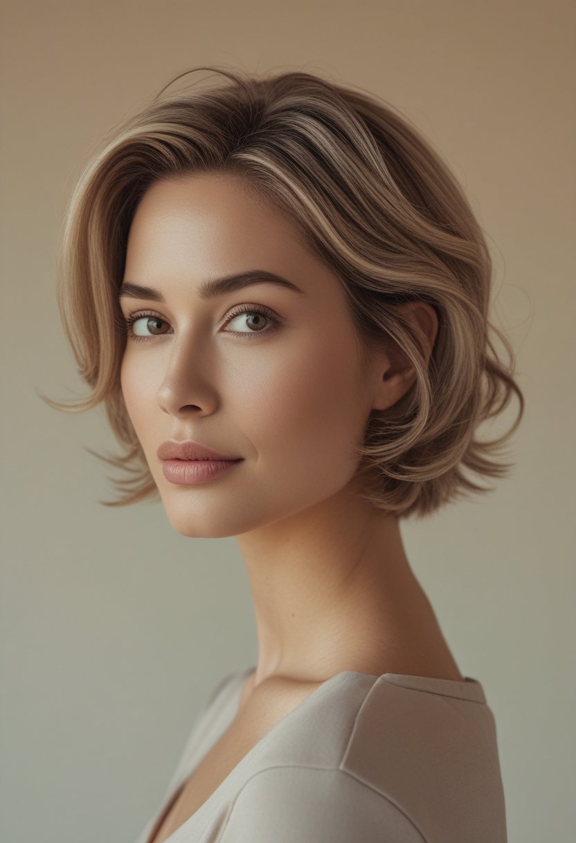 A woman with a modern layered haircut poses against a neutral background.