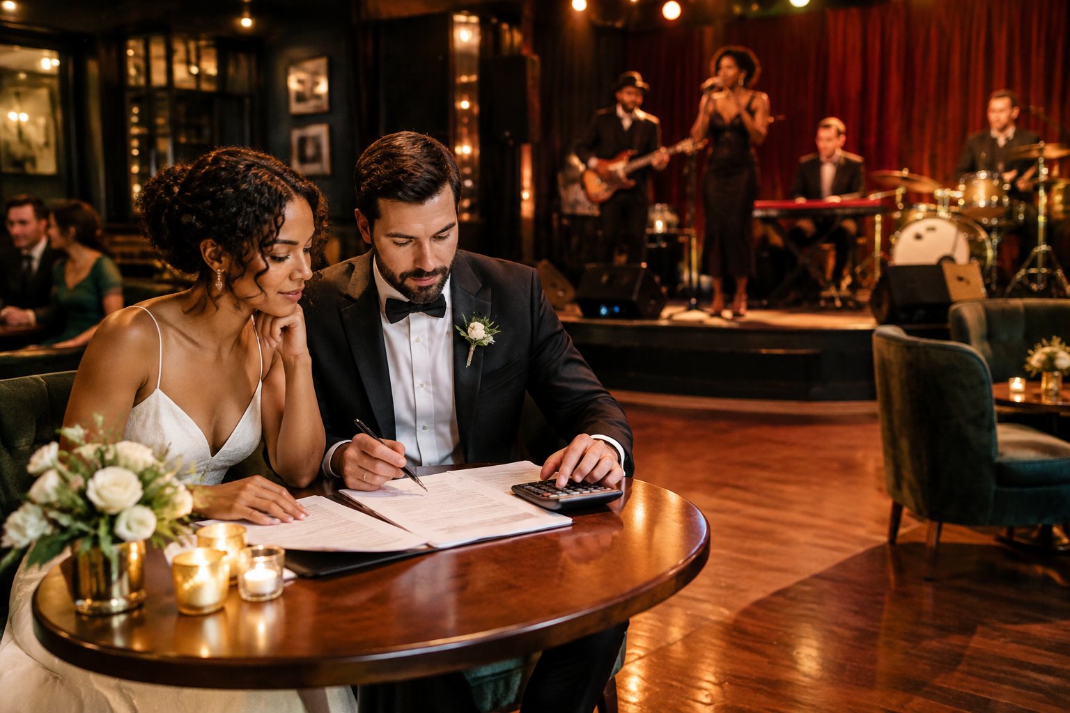 A bride and groom review wedding entertainment expenses while a live band performs in the background.