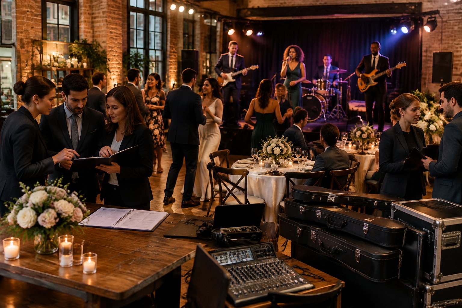 A wedding band performs at an intimate café reception while a couple and event planner discuss arrangements nearby.