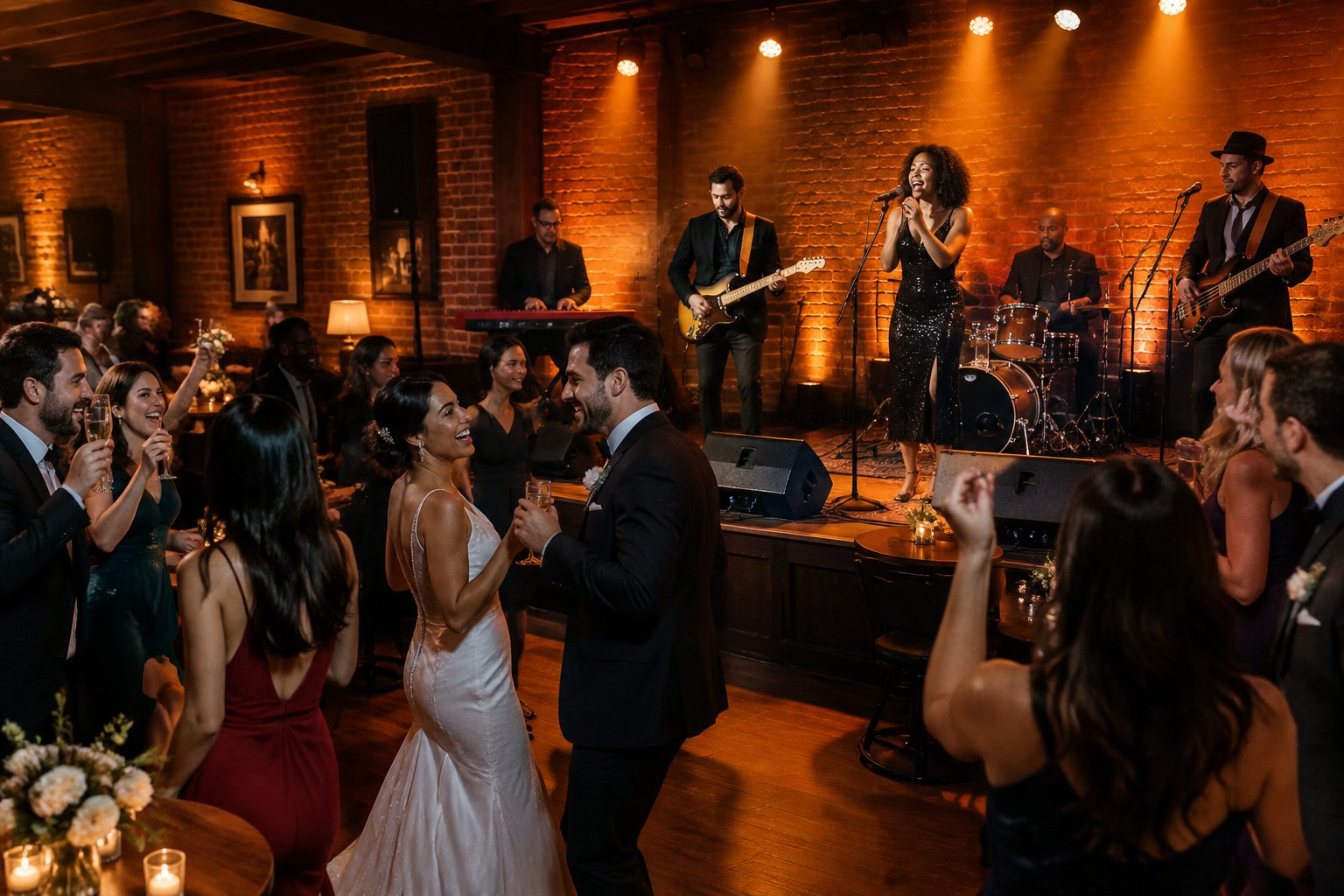 A wedding couple and guests celebrate while a live band performs in an intimate music club.