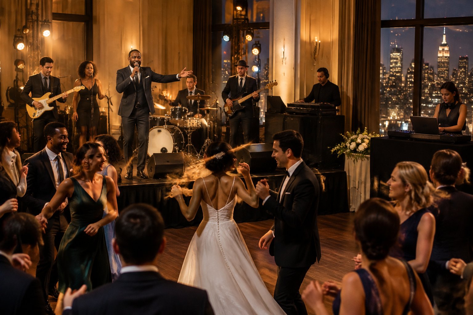Wedding guests dance while a live band performs at a warmly lit reception with professional event equipment.
